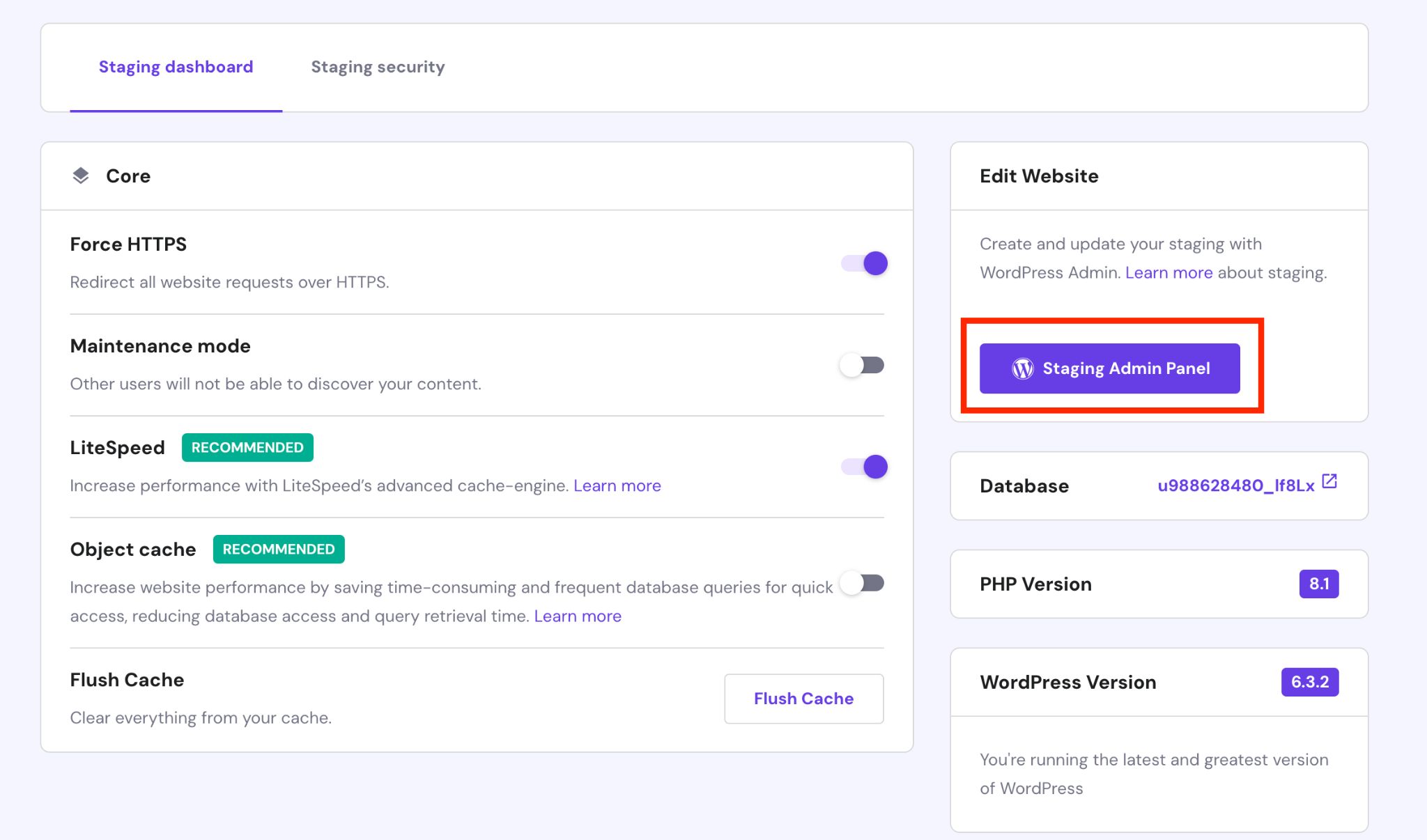 pannello di amministrazione wp del sito di staging