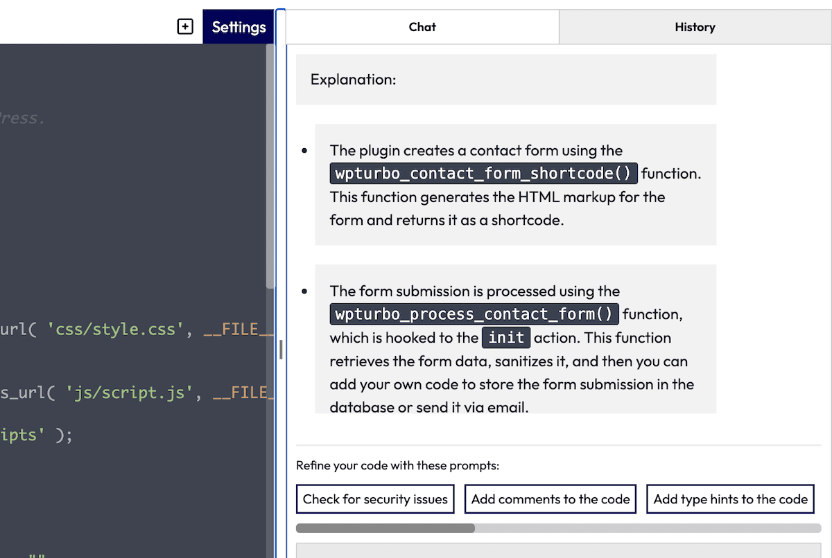 La finestra di chat di WPTurbo che mostra una spiegazione per il codice che genera.