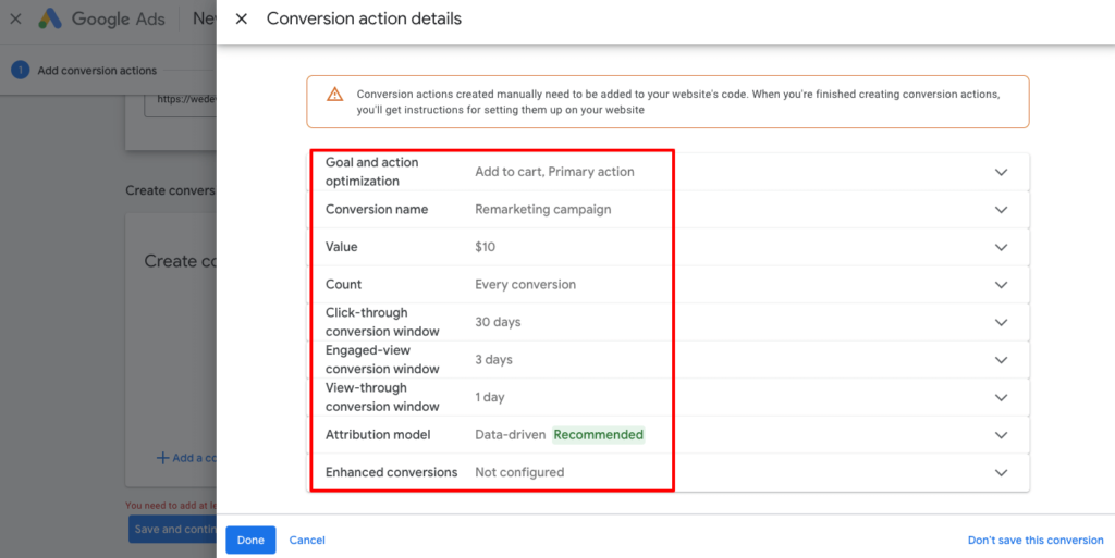 รูปภาพนี้แสดงตัวเลือกในการเพิ่มการกระทำที่ถือเป็น Conversion ในบัญชี Google Ads