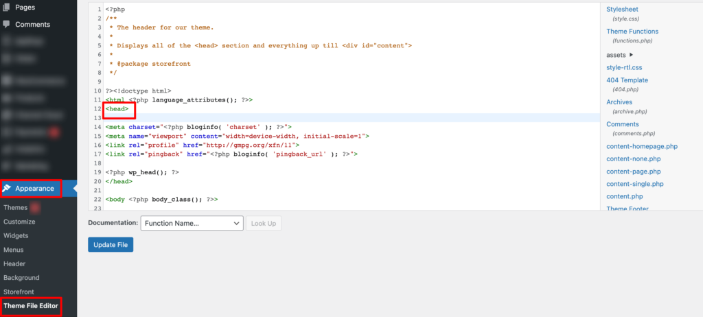 Dies ist ein Screenshot, der zeigt, wo der Google Analytics-Tracking-Code im Theme-Datei-Editor eingefügt werden soll.