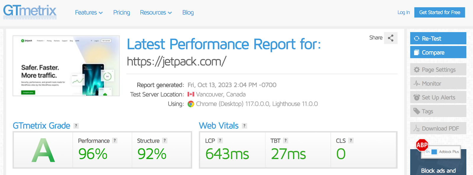 Informe de velocidad GTmetrix para Jetpack.com