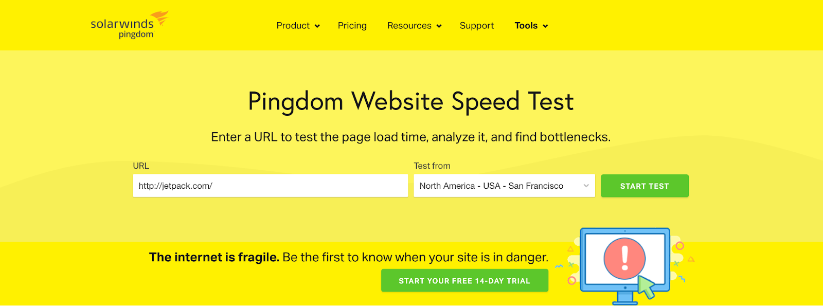 Pingdom web sitesi hız testi kontrol paneli