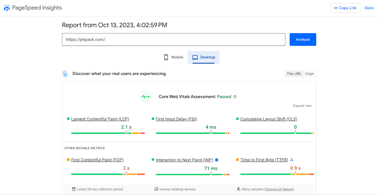 Panel de control de PageSpeed ​​Insights