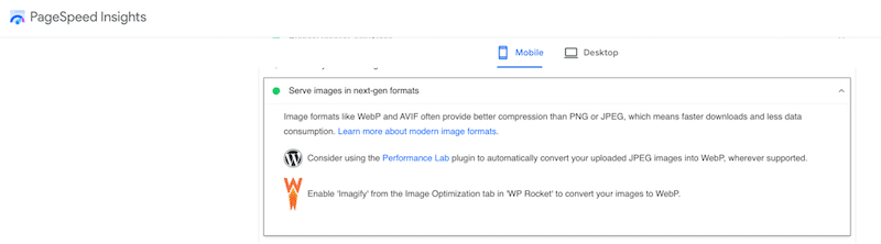 為提高效能而建議的 WebP 格式 - 來源：PageSpeed Insights