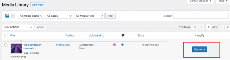 Przycisk Optymalizuj w bibliotece WordPress - Źródło: Imagify