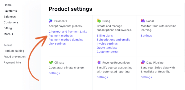 Opciones de métodos de pago del panel de cuentas de Stripe