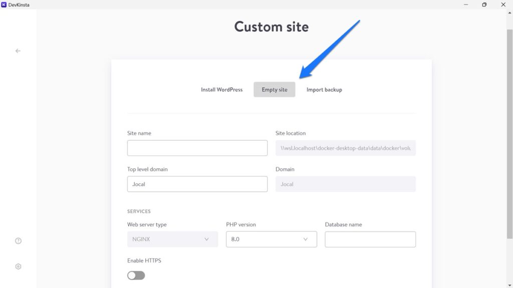 Erstellen Sie eine leere Site in Devkinsta