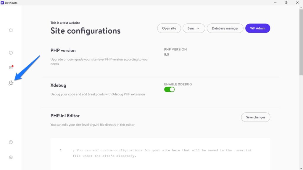 options de configuration du site devkinsta