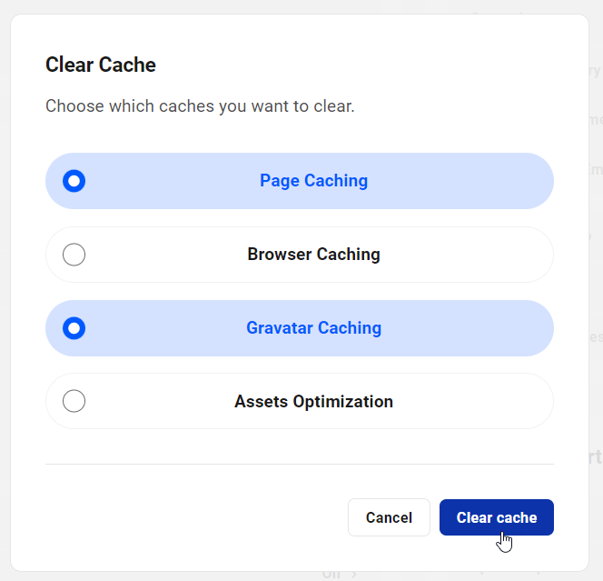 Der Hub: Registerkarte „Leistung“ – Link „Cache löschen“.