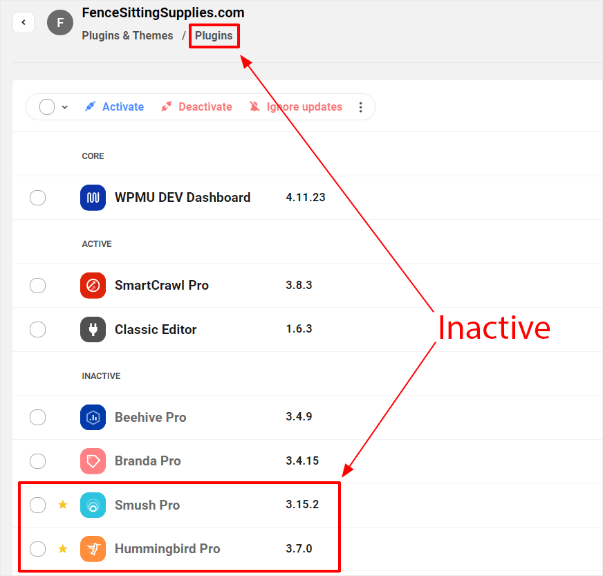 Die Registerkarte „Hub – Plugins & Themes – Leistung“ ist inaktiv.