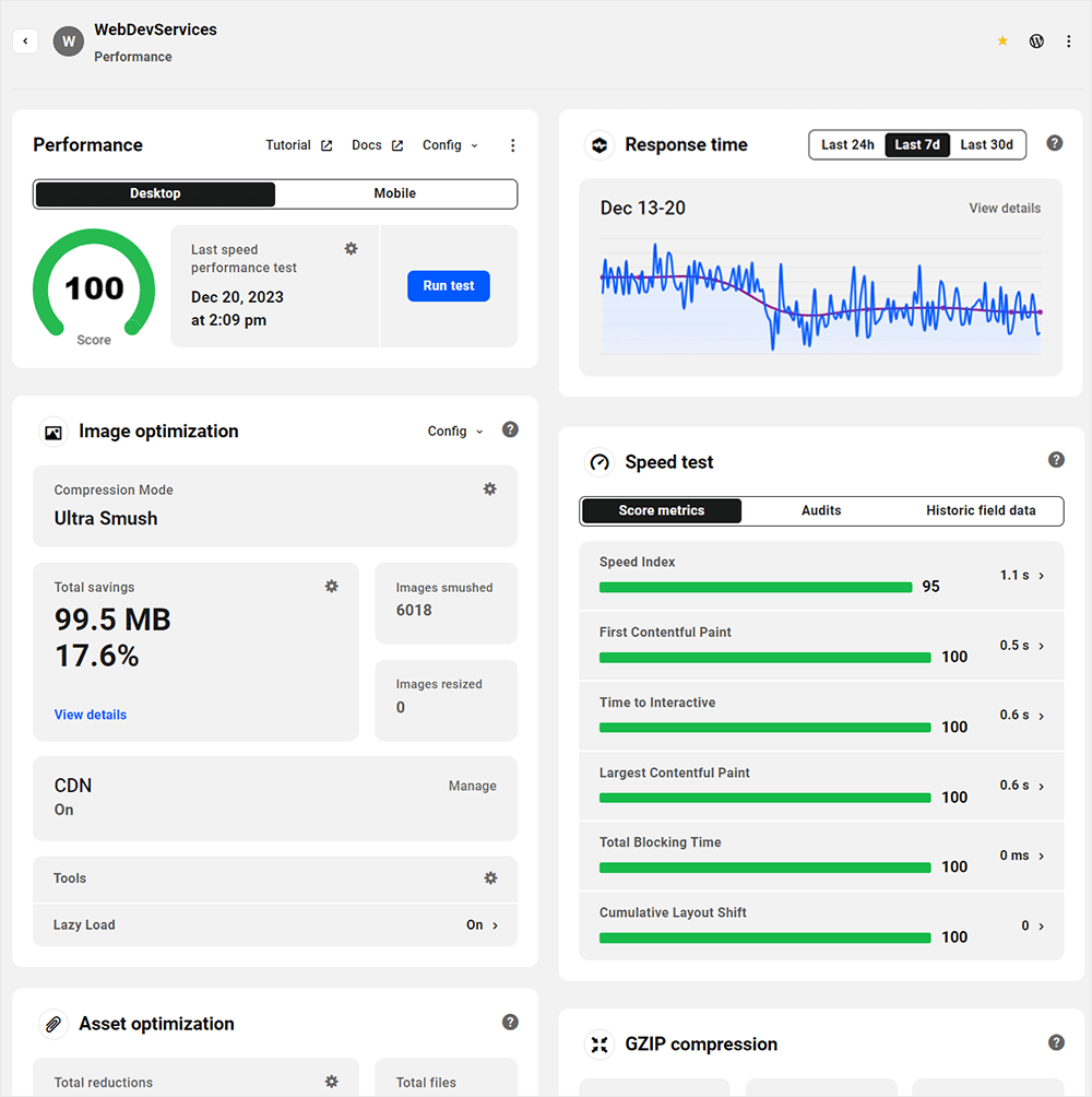 Hub — панель мониторинга производительности с активированными Hummingbird и Smush.