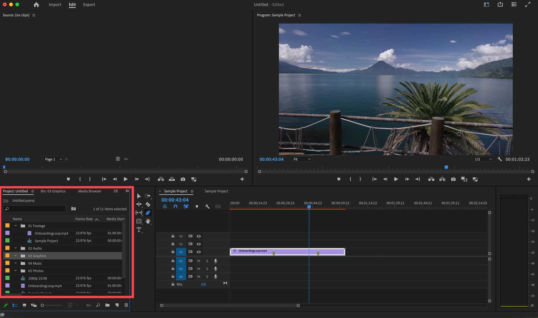 หน้าต่างโครงการ Adobe Premiere Pro