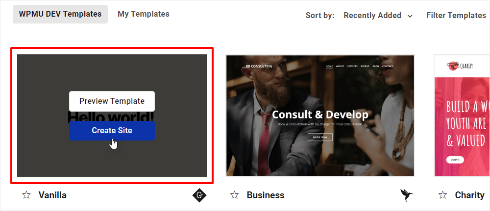 テンプレートのサムネイルの上にマウスを移動すると、サイトをプレビューまたは作成できます。