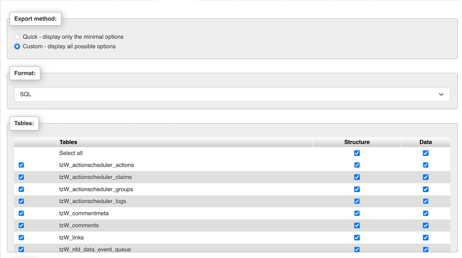 يمكنك اختيار سريع أو مخصص. يمنحك الخيار الثاني تحكمًا أكبر في البيانات التي تصدرها. على سبيل المثال، يتيح لك إلغاء تحديد جداول معينة.