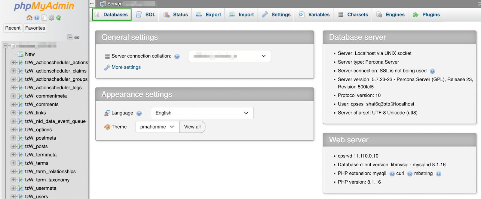 Seleccione su base de datos. Esto abrirá una nueva pantalla que muestra sus tablas. Como puedes ver, hay tablas para comentarios, publicaciones, etc.