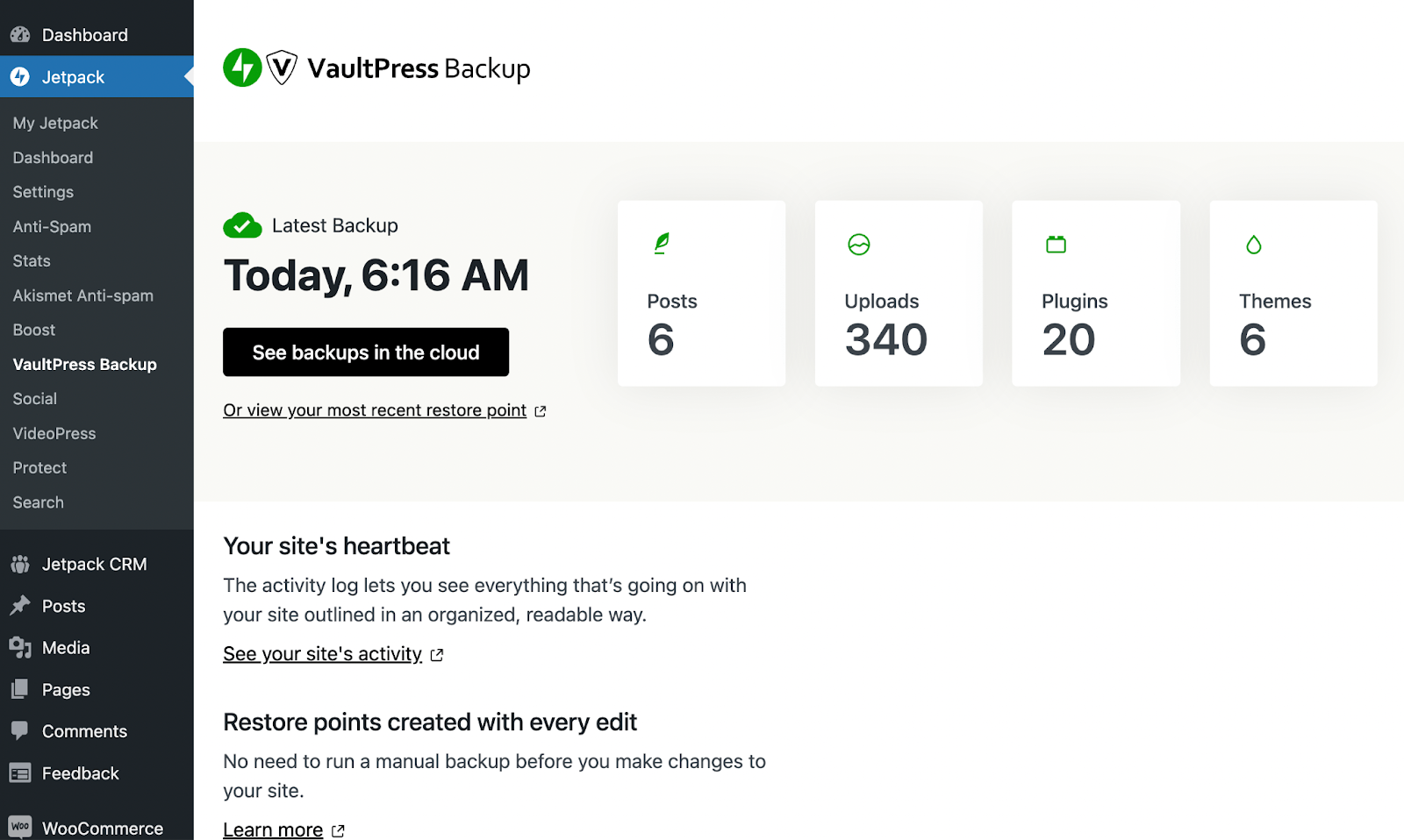 Una volta fatto, vai alla dashboard di WordPress. Vai su Jetpack → VaultPress Backup.