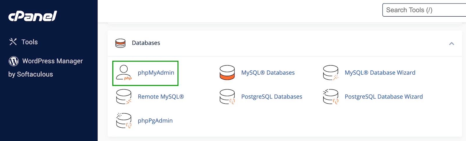 Anda juga harus membuat salinan database Anda. Untuk melakukan ini, masuk ke akun hosting Anda dan navigasikan ke panel kontrol Anda. Kemudian, cari bagian Databases dan pilih phpMyAdmin.