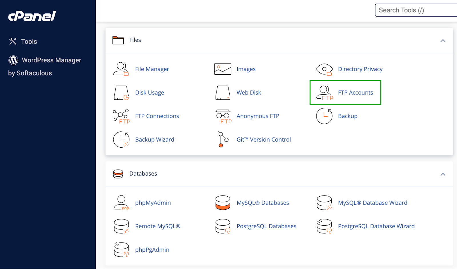 ホスティング アカウントにログインしたら、コントロール パネルを見つけて FTP または SFTP を検索します。