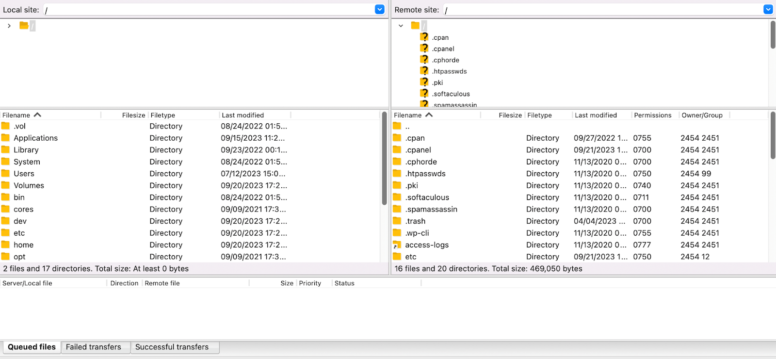 Ketika prosesnya selesai, Anda akan melihat file situs WordPress Anda terisi di panel sebelah kanan, di bawah Situs jarak jauh.