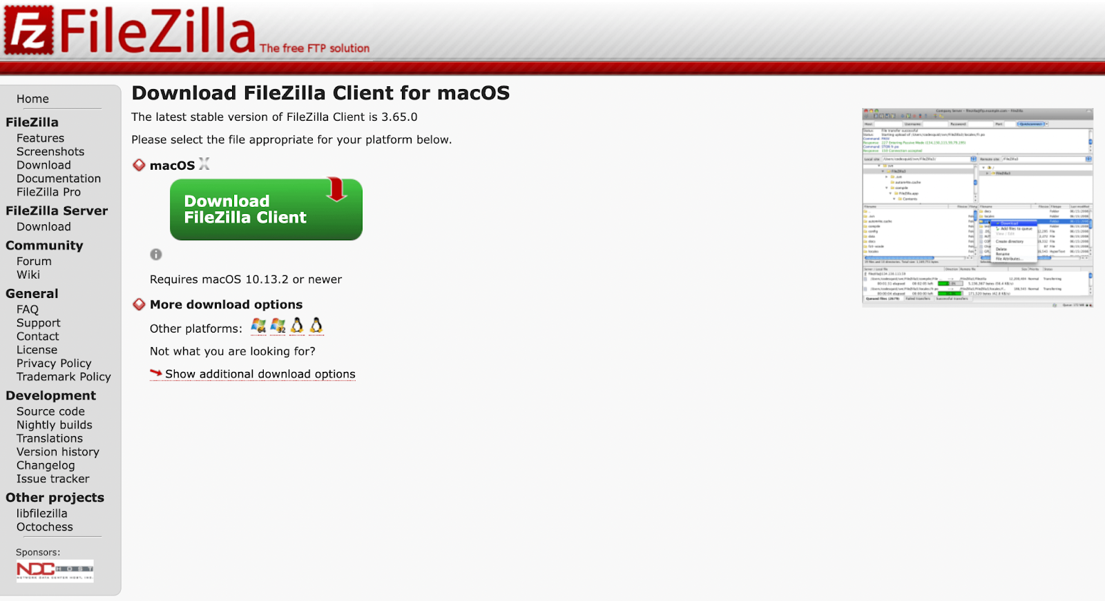 このチュートリアルでは、無料で評判の高い FileZilla を使用します。開始するには、FileZilla Web サイトに移動するだけです。