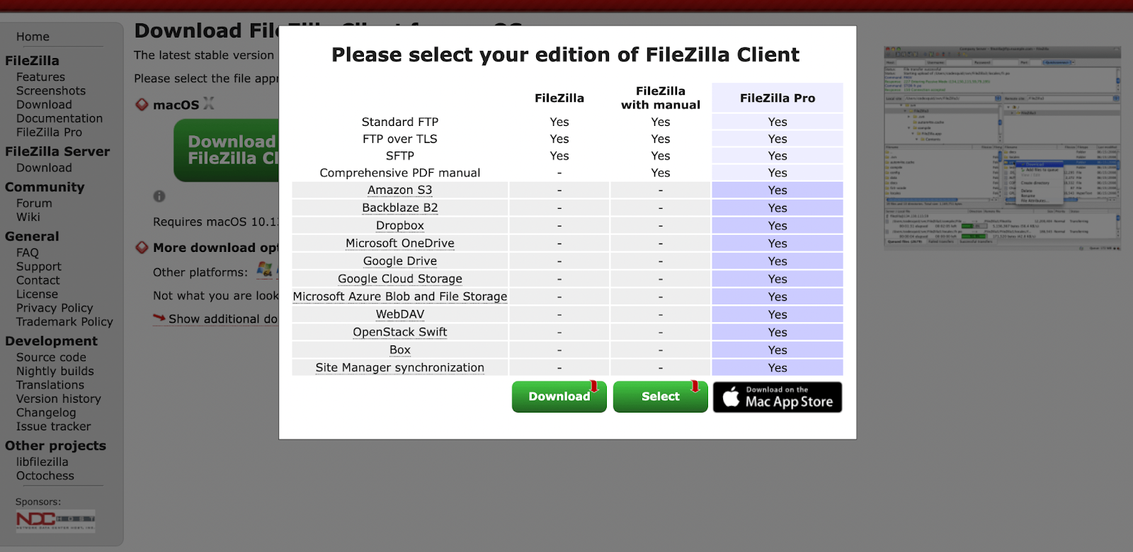 Après avoir choisi votre système d'exploitation, vous devriez voir la fenêtre contextuelle suivante. Choisissez simplement l’option FileZilla standard sur la gauche.