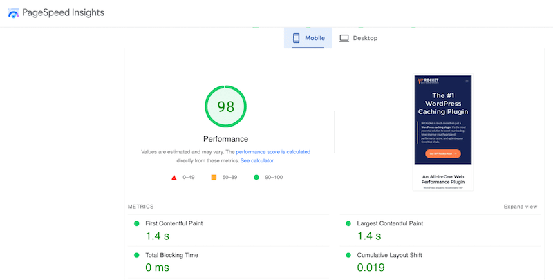 Punteggio prestazionale e Core Web Vitals - Fonte: PageSpeed ​​Insights