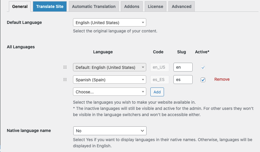 Dashboard di TranslatePress