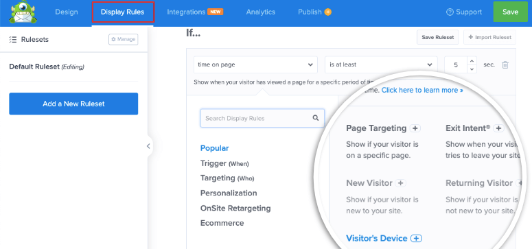 Reglas de visualización de OptinMonster