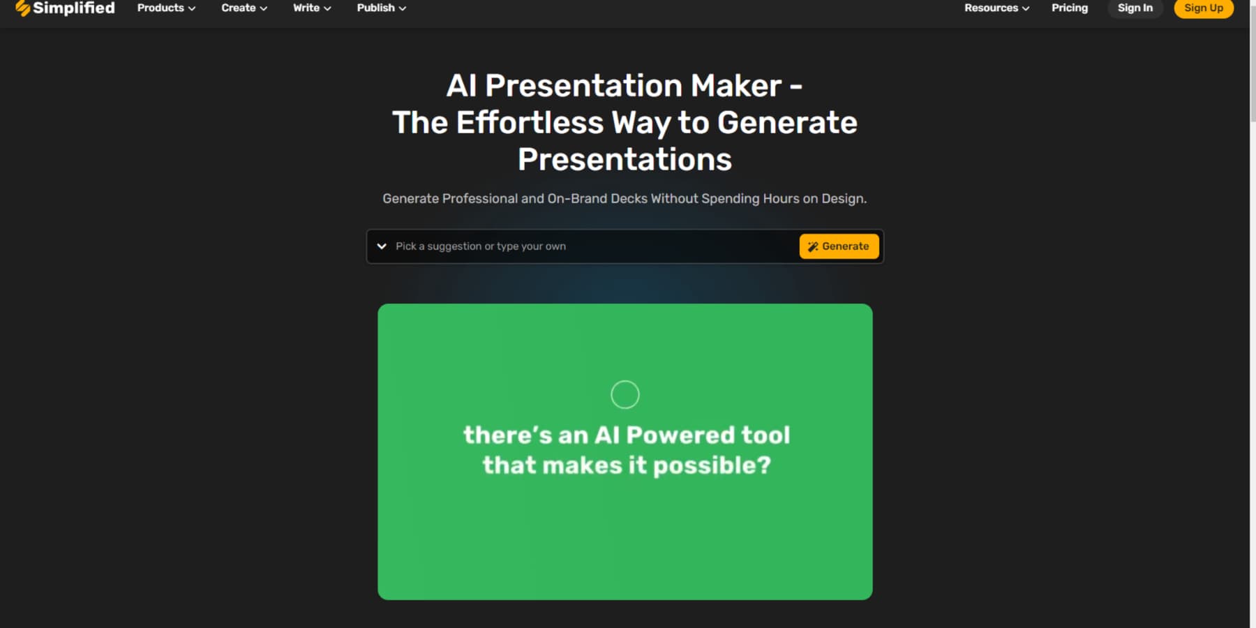 Simplified 的 AI Presenter Maker 登陸頁面的螢幕截圖