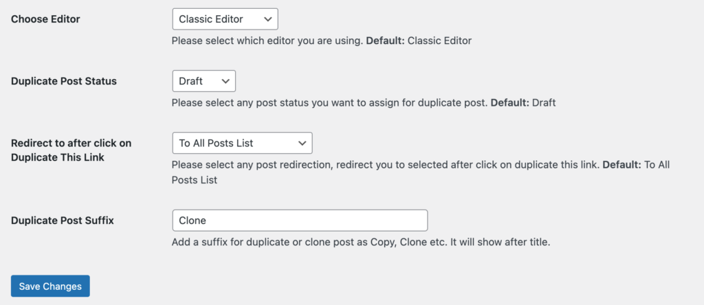 Ein Screenshot zum Definieren von Einstellungsoptionen in „Duplicate Page“.