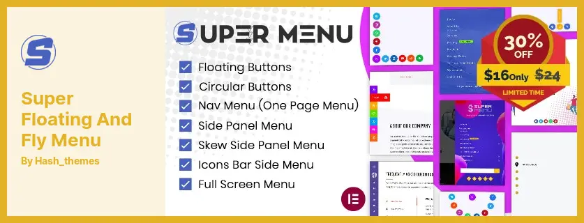 Plug-in de menu super flutuante e voador - plug-in de menu pegajoso, lateral, navegador de uma página, fora da tela