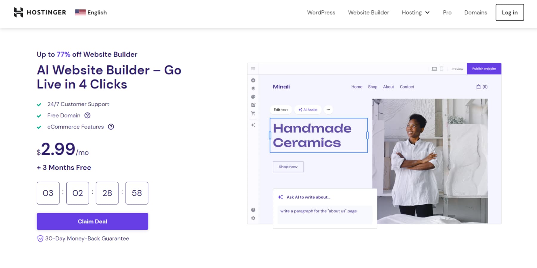 Hostinger Website Builder 主頁的螢幕截圖