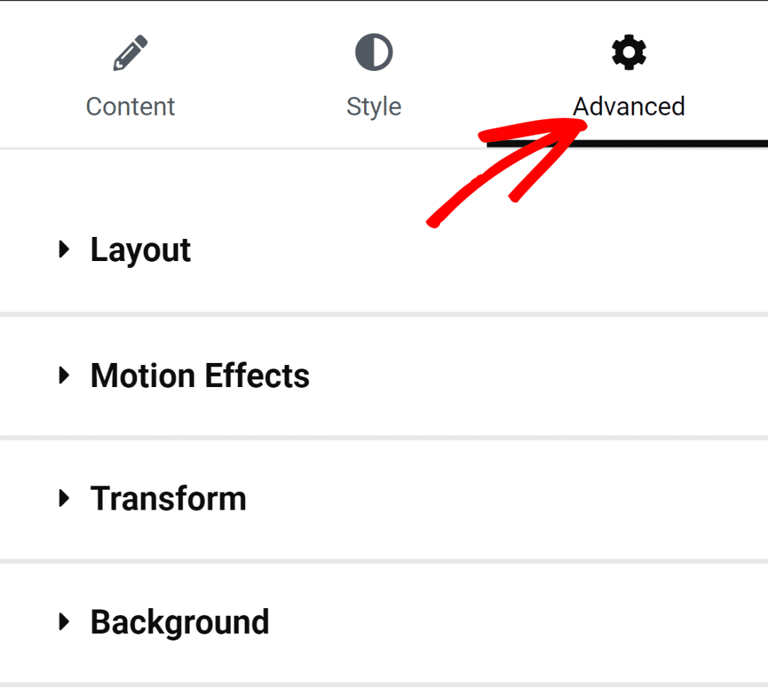 Advanced tab in Elementor