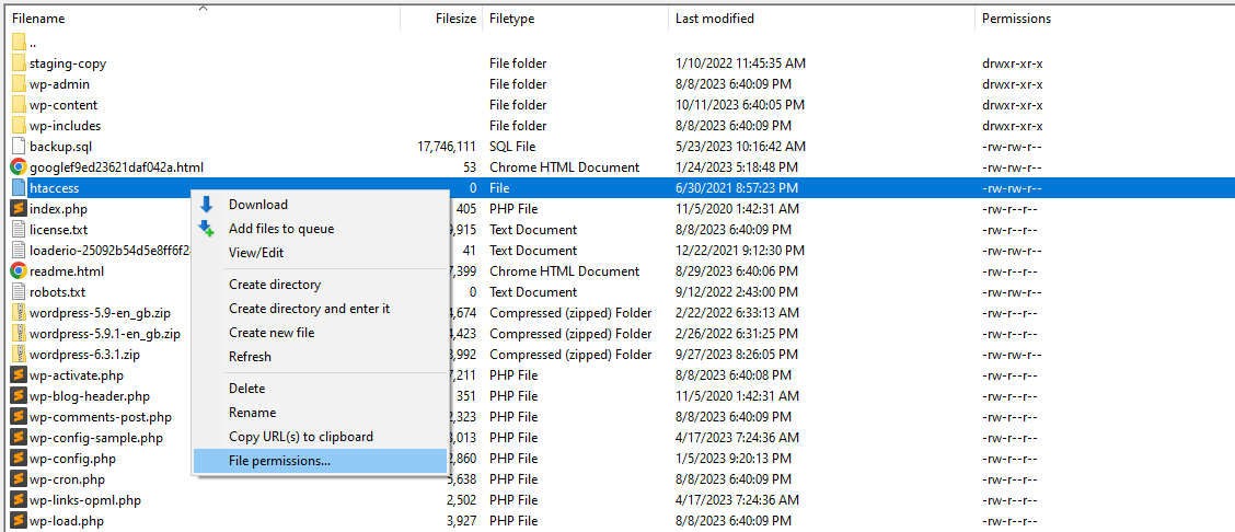 mengedit izin file di FileZilal