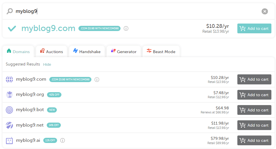 Resultado da pesquisa de nome de domínio