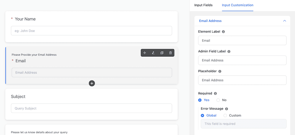 Auswählen eines Eingabefelds im Visual Builder und Anzeigen seiner Optionen.