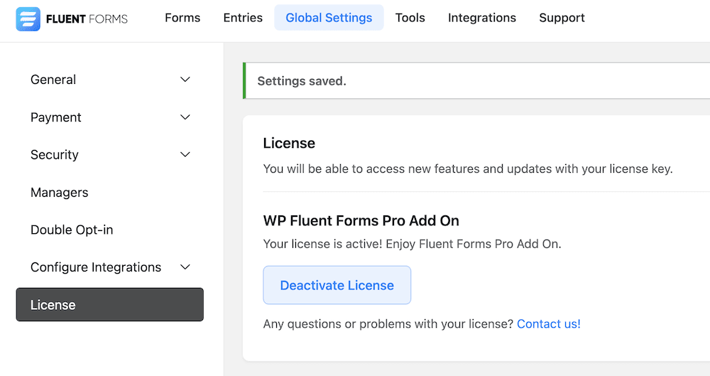 Ajout et enregistrement de la clé de licence du plugin premium dans les options de Fluent Forms.