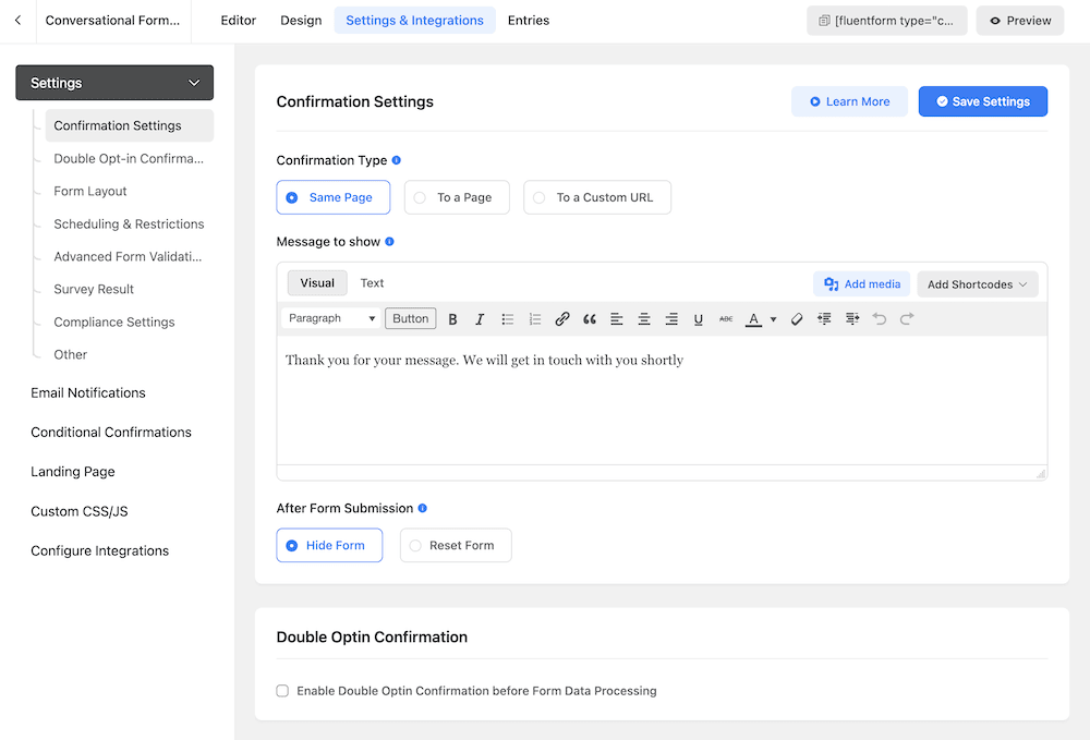 La página de configuración e integraciones de Fluent Forms.