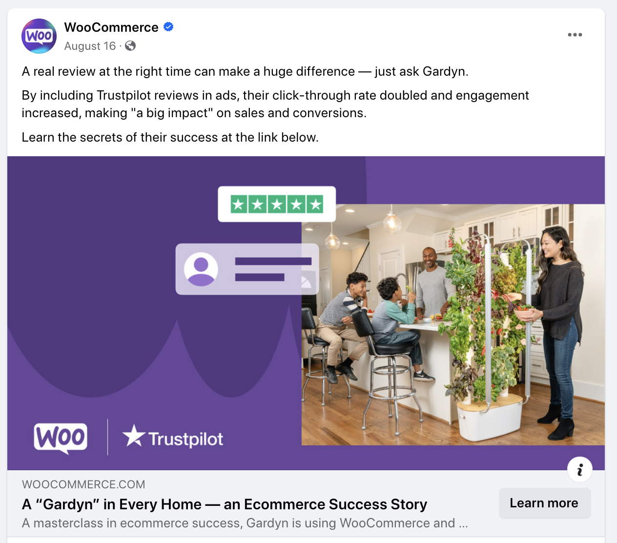 publicación en redes sociales de WooCommerce que comparte la historia de un cliente