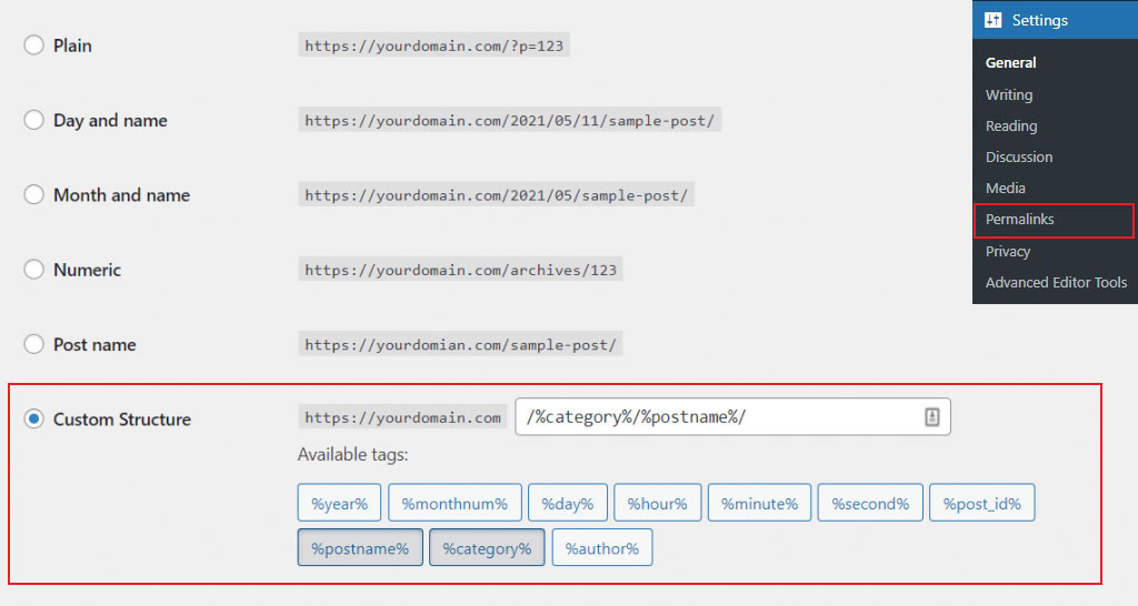 Paramètres de lien permanent dans WordPress