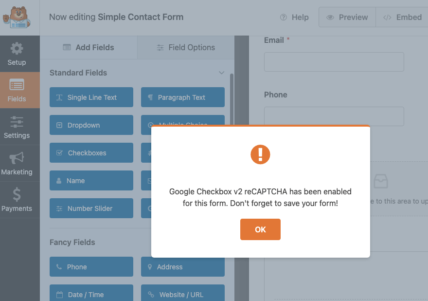 Recaptcha diaktifkan di WPForms