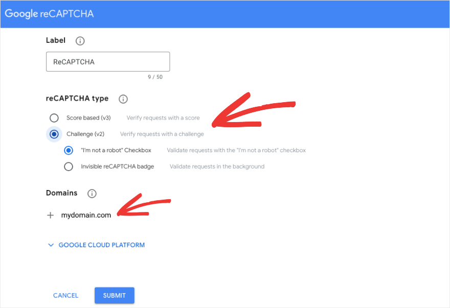 Escolha o tipo de Google Recaptcha