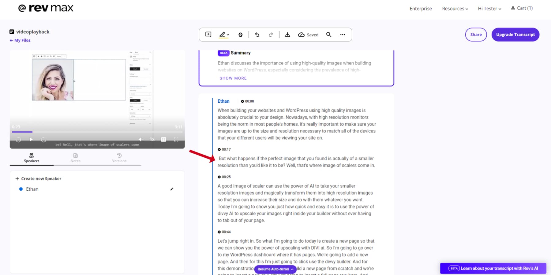 Uma captura de tela da IA ​​do Rev adicionando pontuações adequadas às transcrições