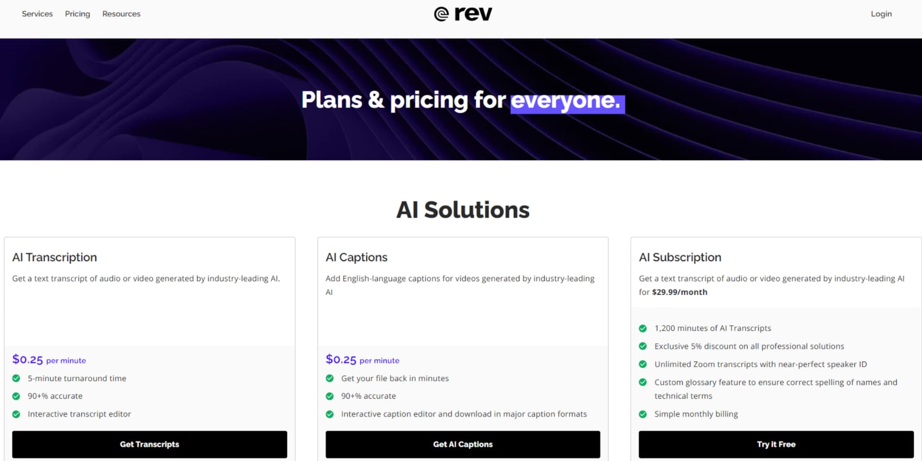 Uma captura de tela do Rev's Pricing