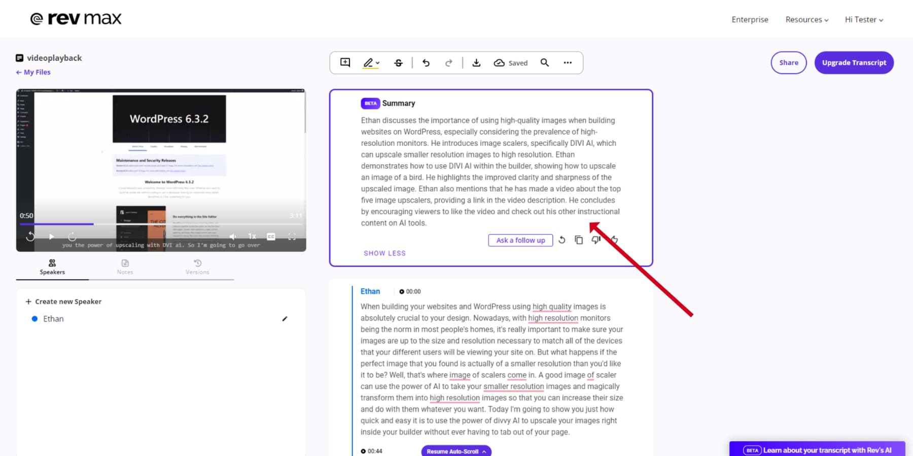 Uma captura de tela de parte da IA ​​de Rev resumindo a transcrição gerada