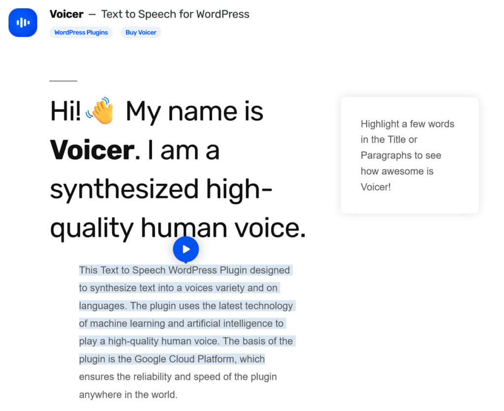 Complemento de wordpress de texto a voz voicer ai