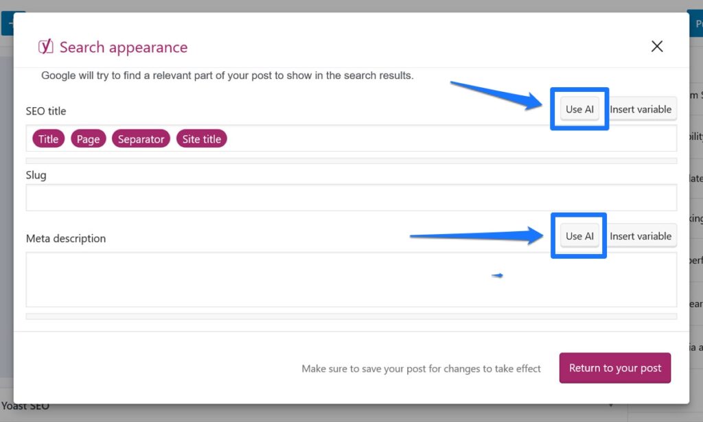 crear títulos y descripciones de SEO en yoast seo usando ai