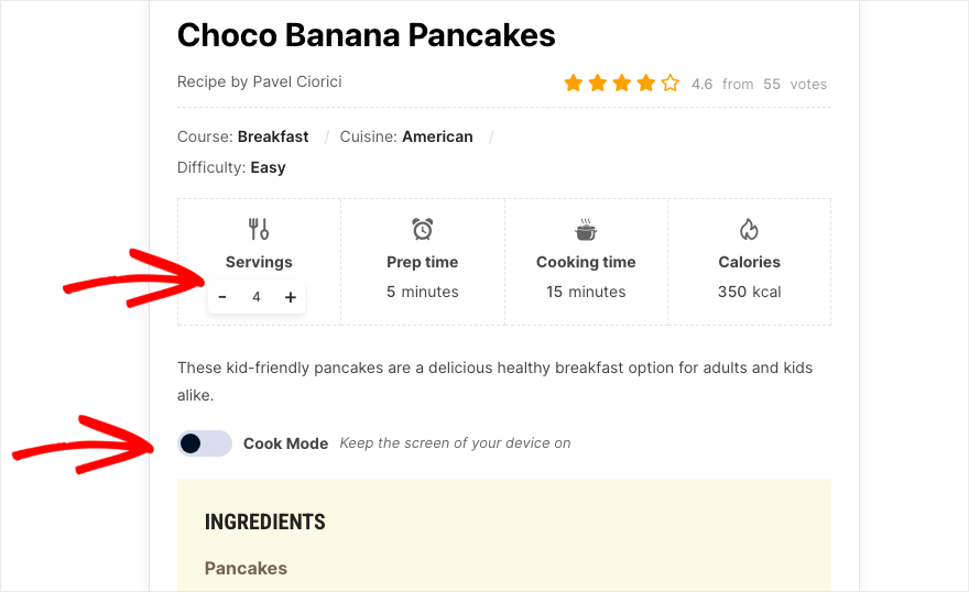 Exemple de recette dans les blocs de fiches de recettes