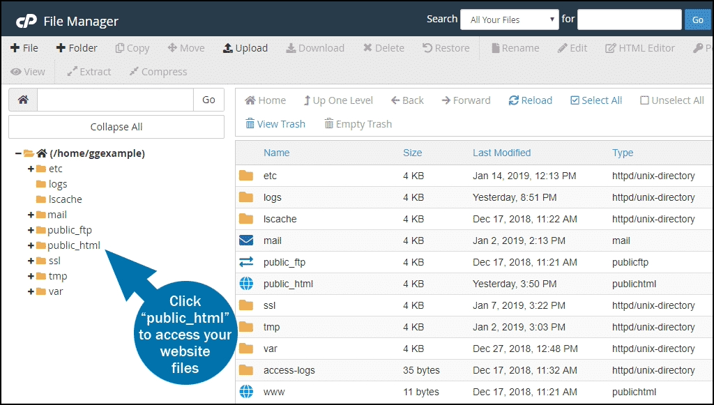 ecranul de selectare a folderului manager de fișiere cpanel