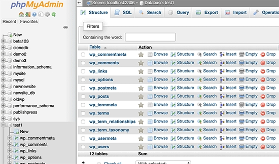 Navigationsbildschirm für phpmyadmin wp_Datenbanken